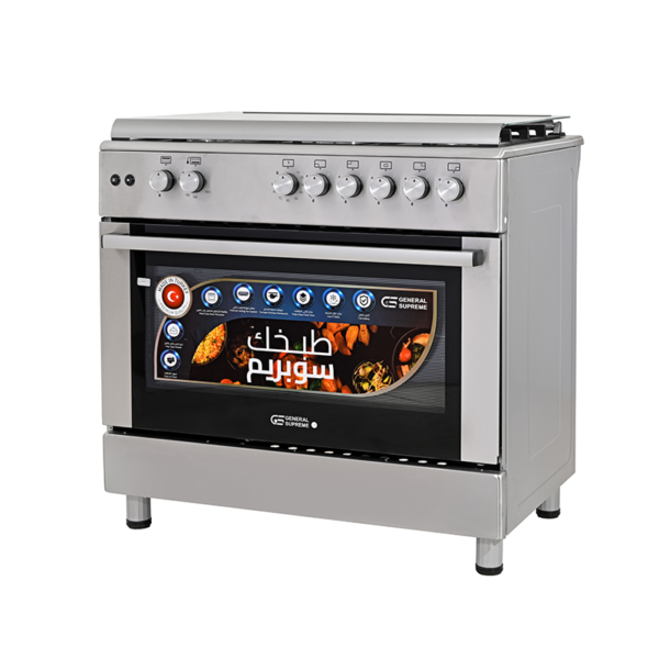 جنرال سوبريم, موقد طبخ غاز, 90*60 سم, 5 شعلات من الحديد الزهر ، مراوحة تيربو مزدوجة للتوزيع الحراري ,ستيل , تركي, GSF9P50GF-ILF